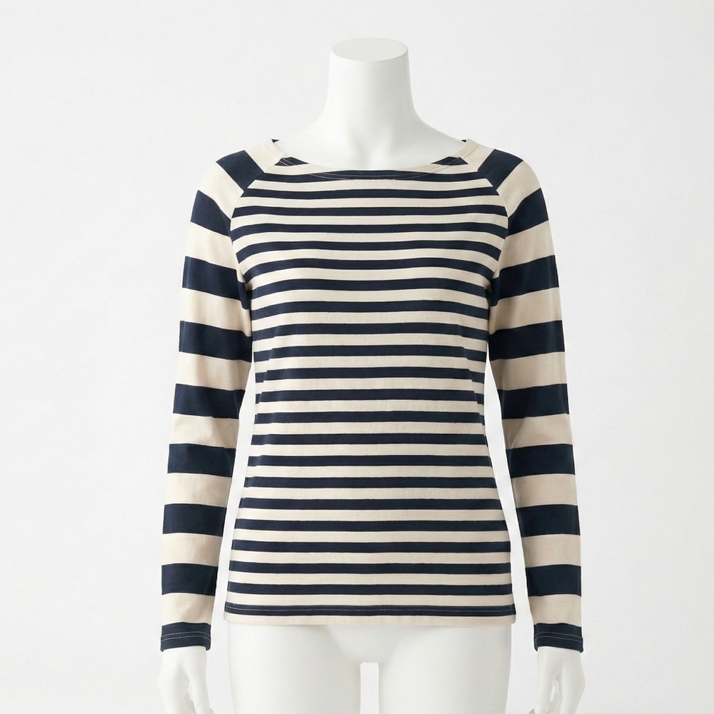 Hannah Striped Boatneck Long Sleeve Tee Top Nautical Navy White Stretchy Small
